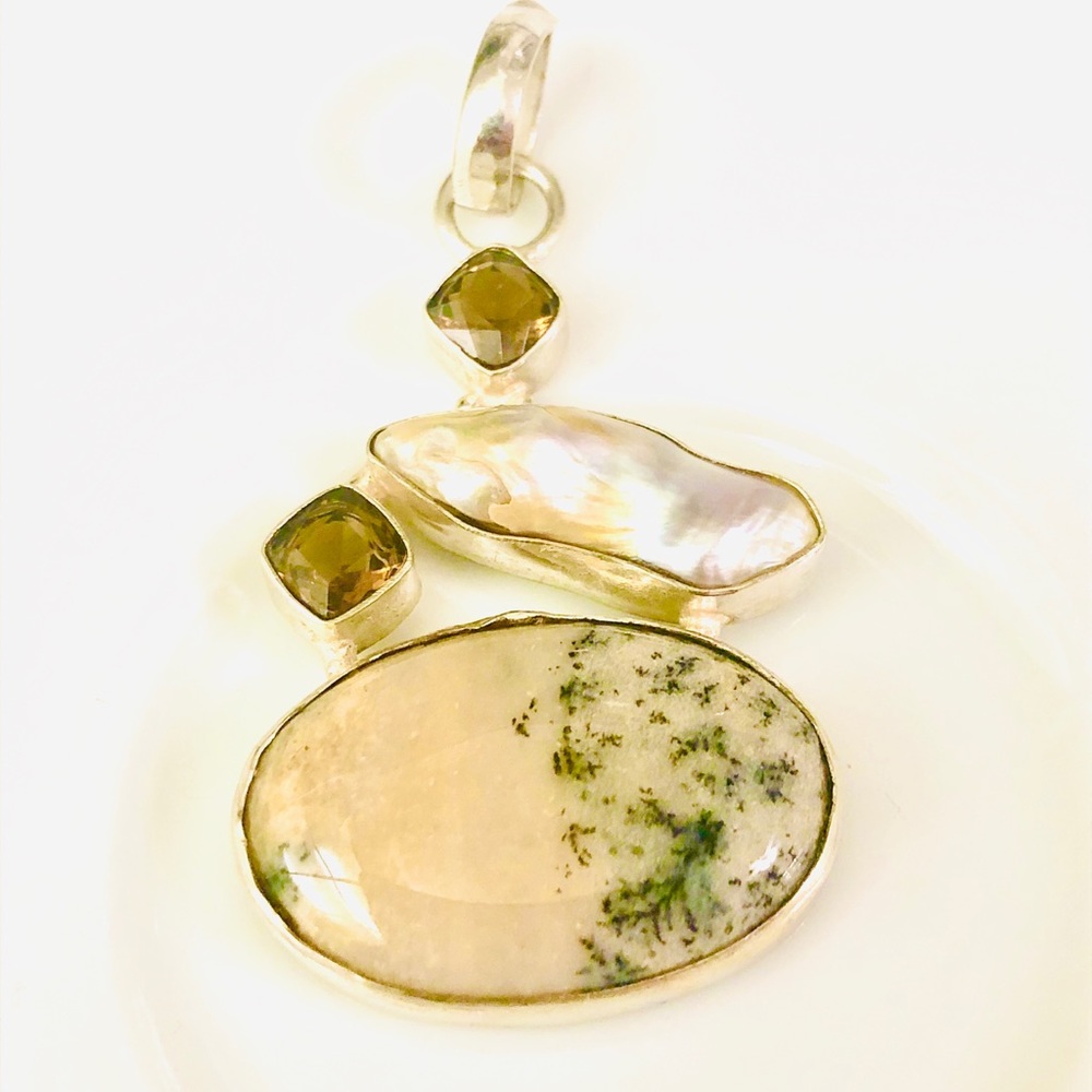 S. S. Dentritic Opal and Biwa Pearl Pendant
